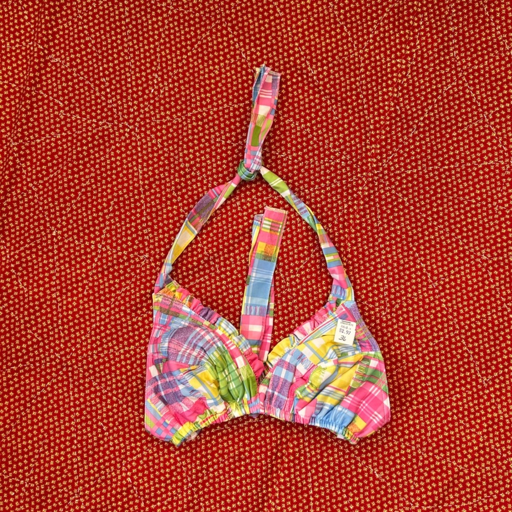 Vintage 70s Deadstock Plaid Patchwork Halter Bikini Top Pink Blue 36 l